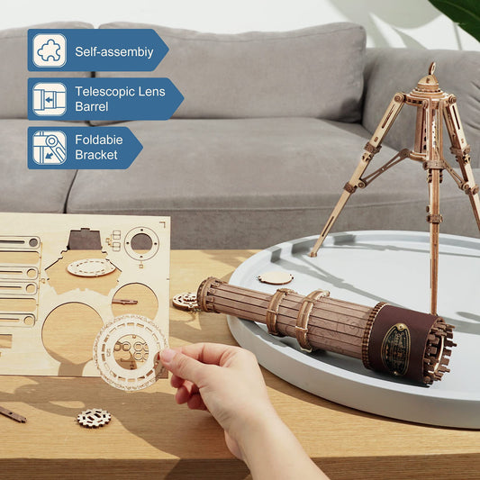 Rowood Telescope 3D Puzzle assembly highlights clear steps and satisfying hands-on progress.