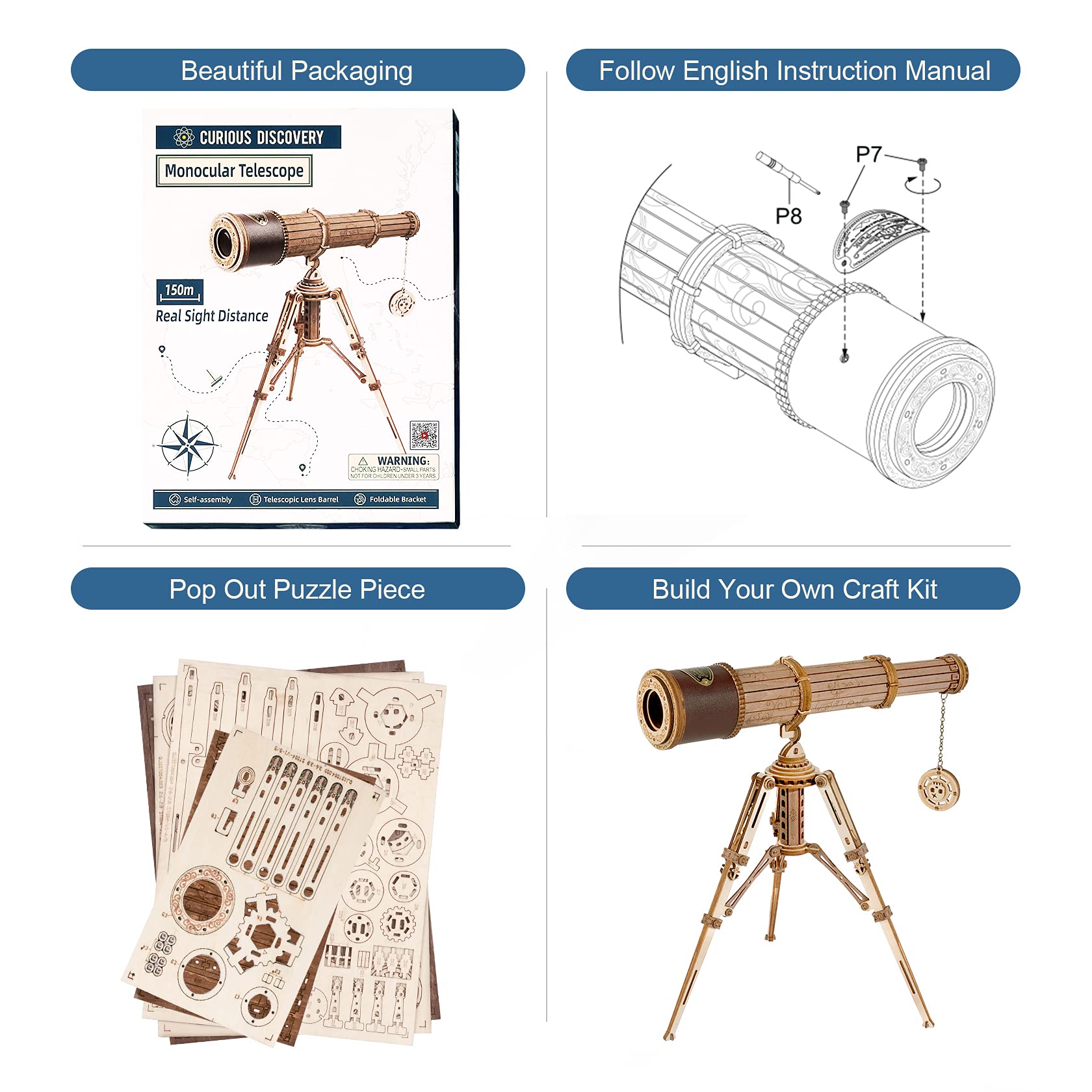 Rowood Telescope 3D Puzzle eyepiece detail invites precise crafting and display.