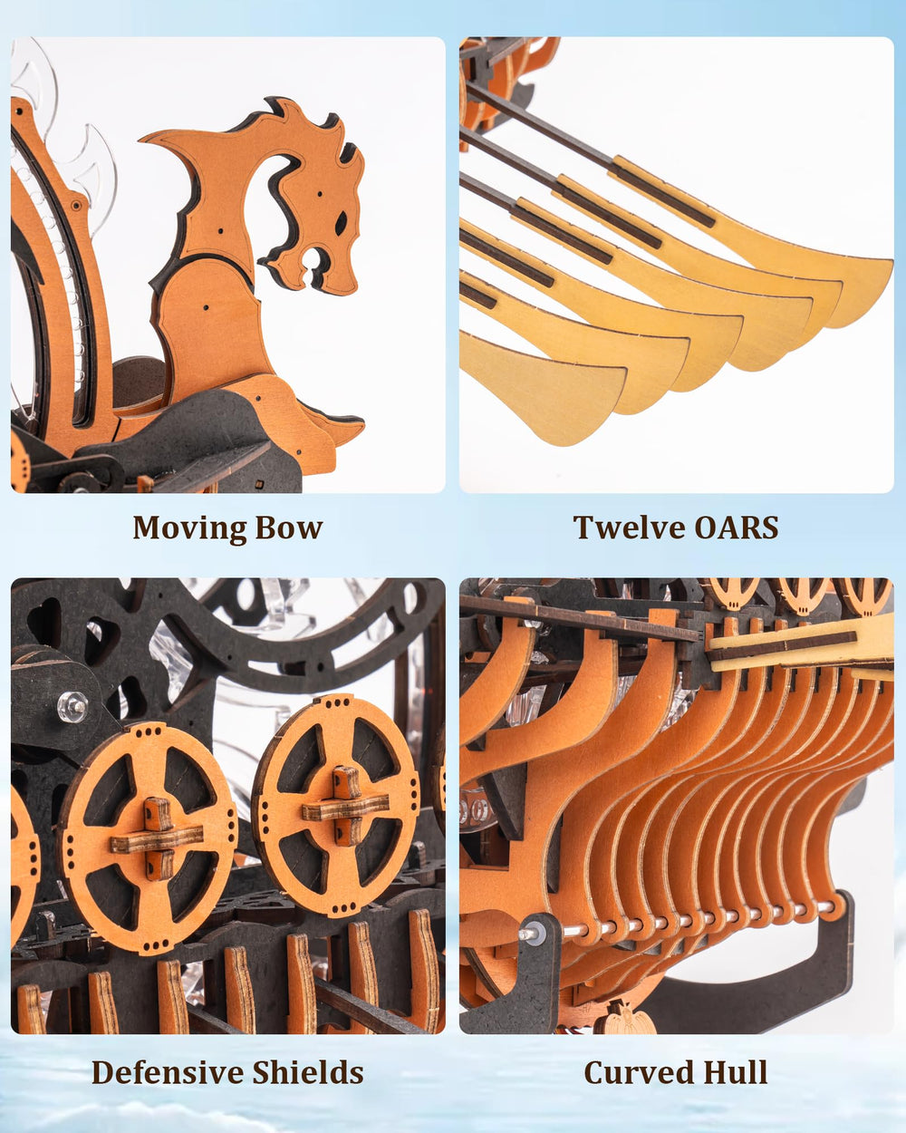 Rowood Viking Dragon Ship laser-cut detail highlights precise joints and smooth finish.