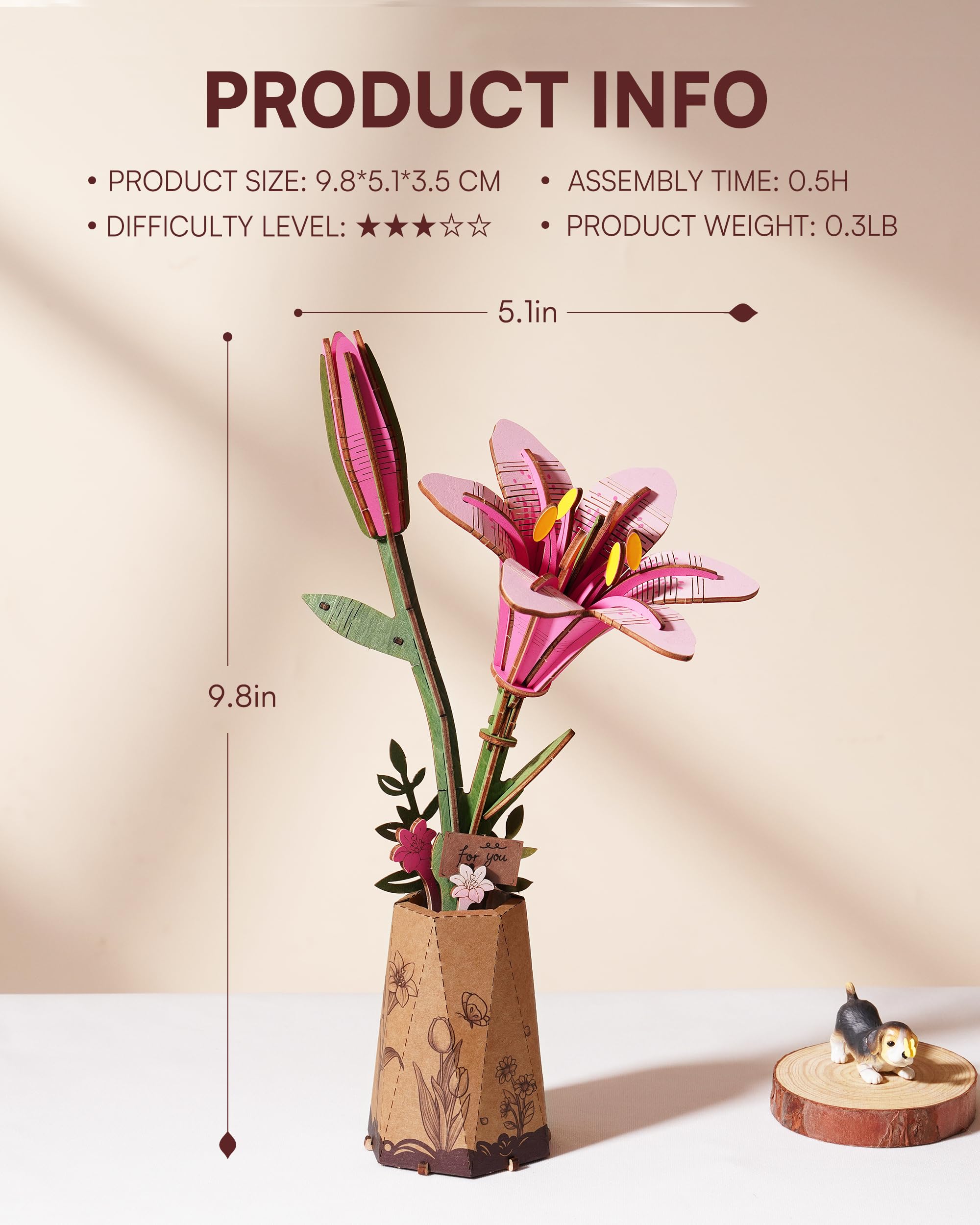 Rowood wooden flower close-up highlighting natural texture and craft materials