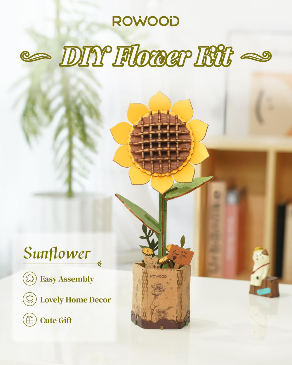 Rowood wooden sunflower close-up reveals grain and petal detail