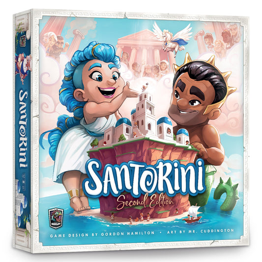 Roxley Games Santorini Second Edition showcases a 3D cityscape for immersive strategy play.