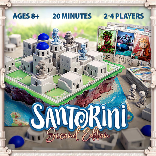 Roxley Games Santorini Second Edition emphasizes builders placement for deliberate turns and replayability.