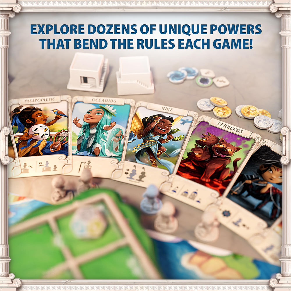 Roxley Games Santorini Second Edition includes sculpted domes for dramatic skyline builds.