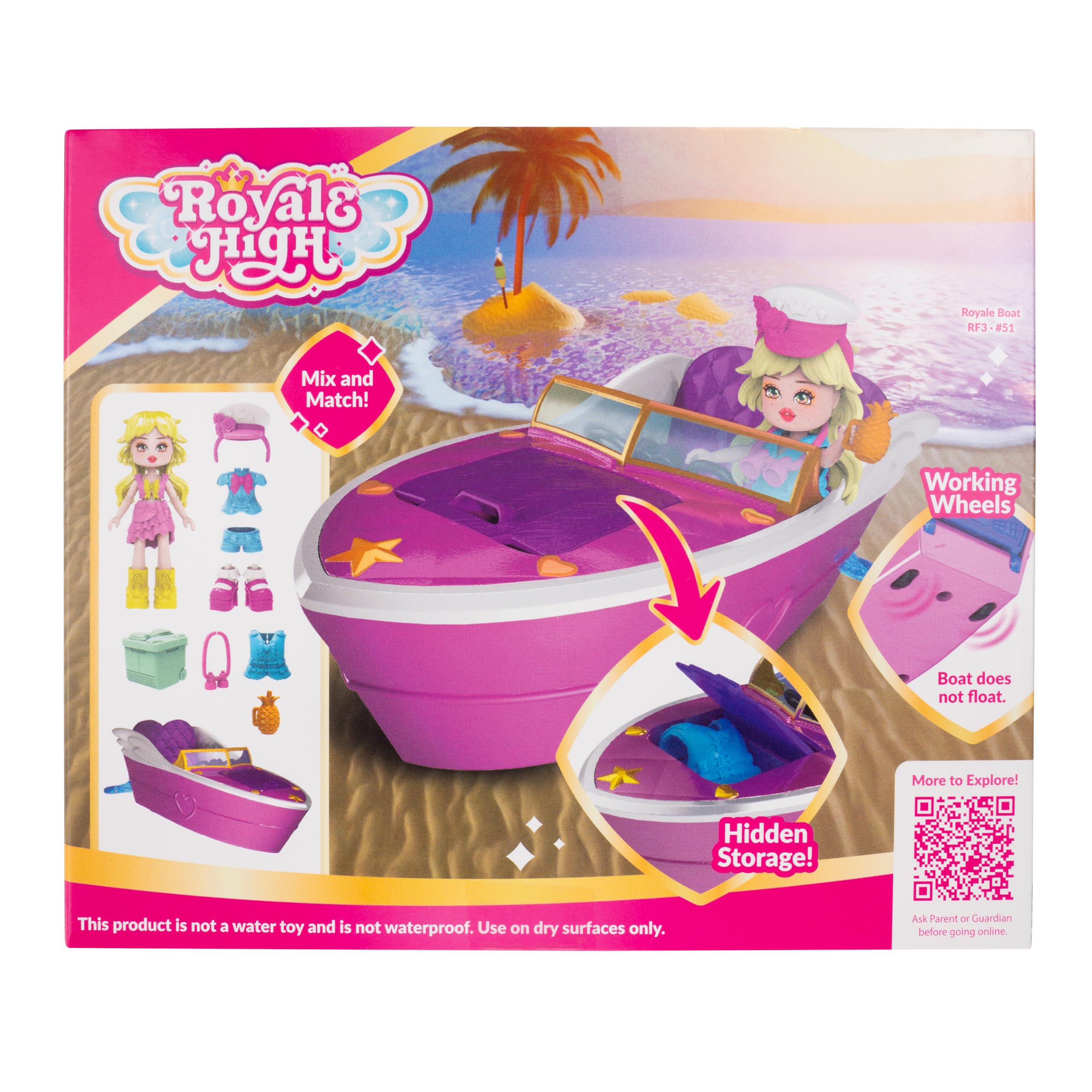 Royale High boat rolling on floor with wheels engaged, enables push-around play mobility