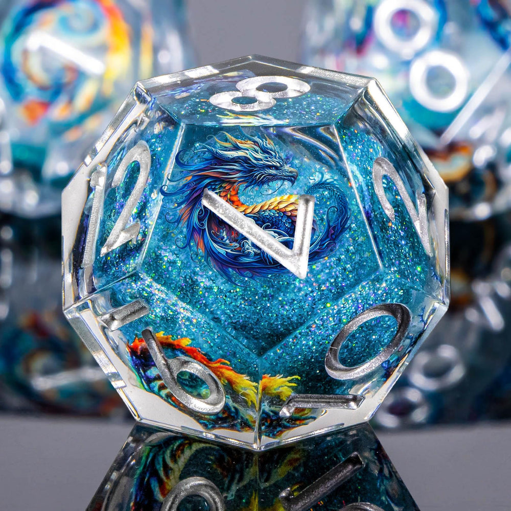Roycevon gift box with dragon-pattern blue dice, ready for gifting