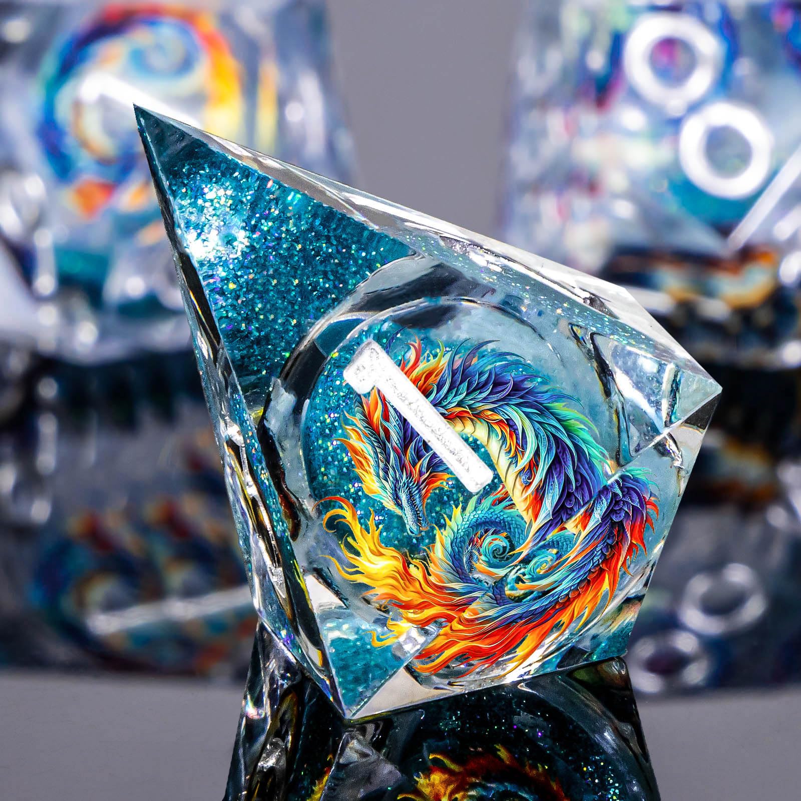 Roycevon Dragon-pattern blue d8 dice with clear numerals for easy reading