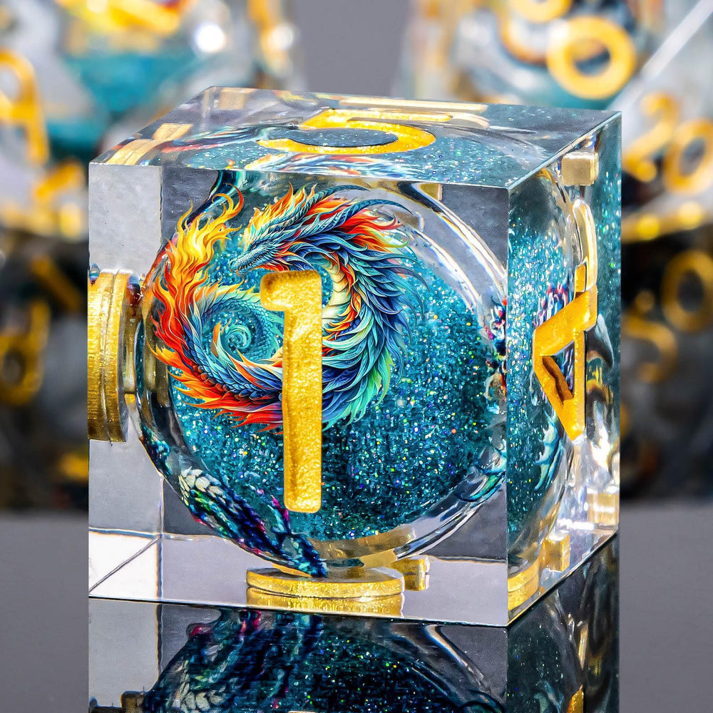 Roycevon dragon-pattern blue D12 dice with clear numerals for quick reads