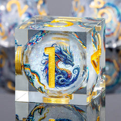 Roycevon dragon-pattern liquid core DND dice D12 close-up, clear readability for fast on-table rolls.