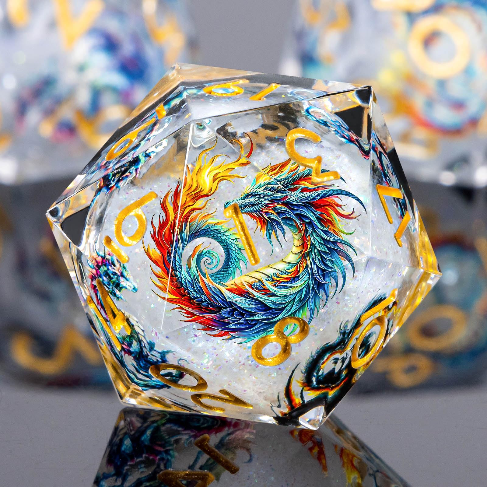 Roycevon dragon-pattern liquid core DND dice D20 close-up, sharp edges for precise rolls.