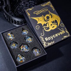 Roycevon dragon-pattern liquid core DND dice D4 close-up, legible digits support fast tabletop decisions.