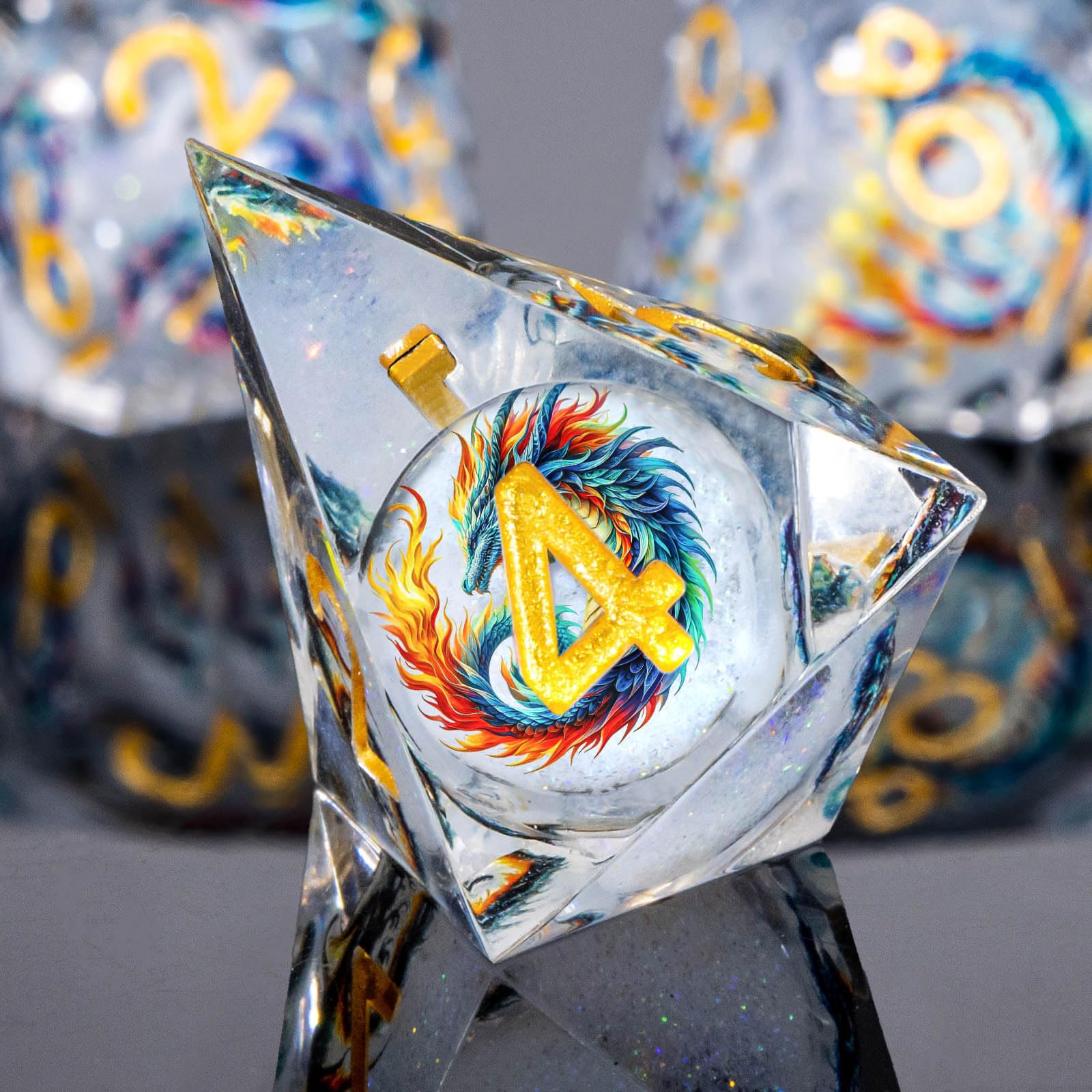 Roycevon dragon-pattern liquid core DND dice D6 close-up, high-contrast numerals for easy reading.