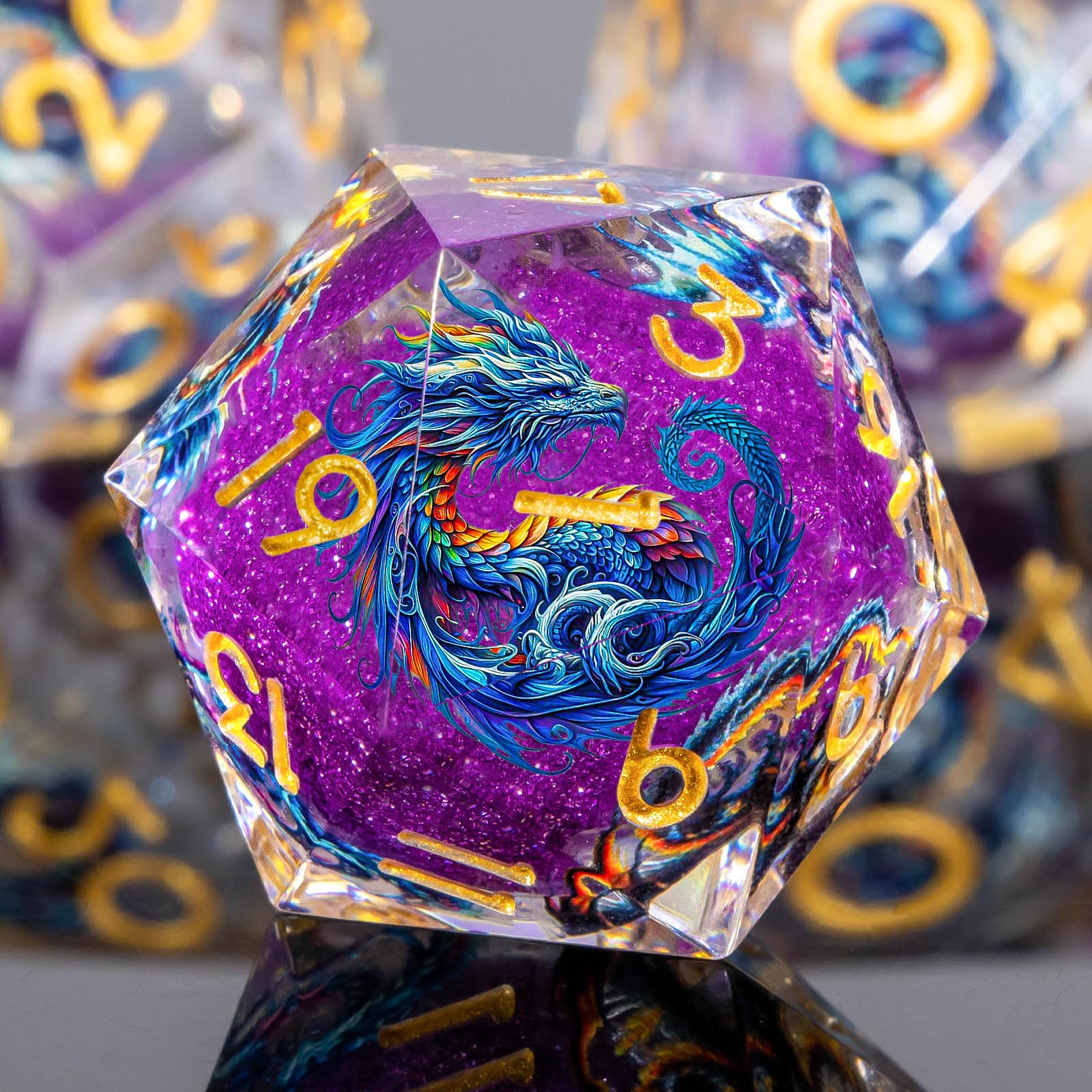 Roycevon dragon-pattern liquid core dice set, purple resin, seven-piece, ready for epic campaigns.