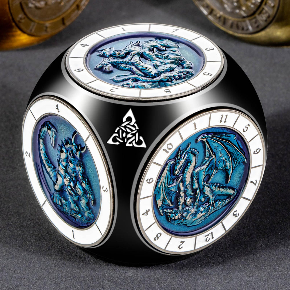 Roycevon metal DND dice set showcasing hand-carved craftsmanship and vivid color-numbering.