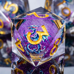 Roycevon purple resin dice showcase intricate dragon pattern details.