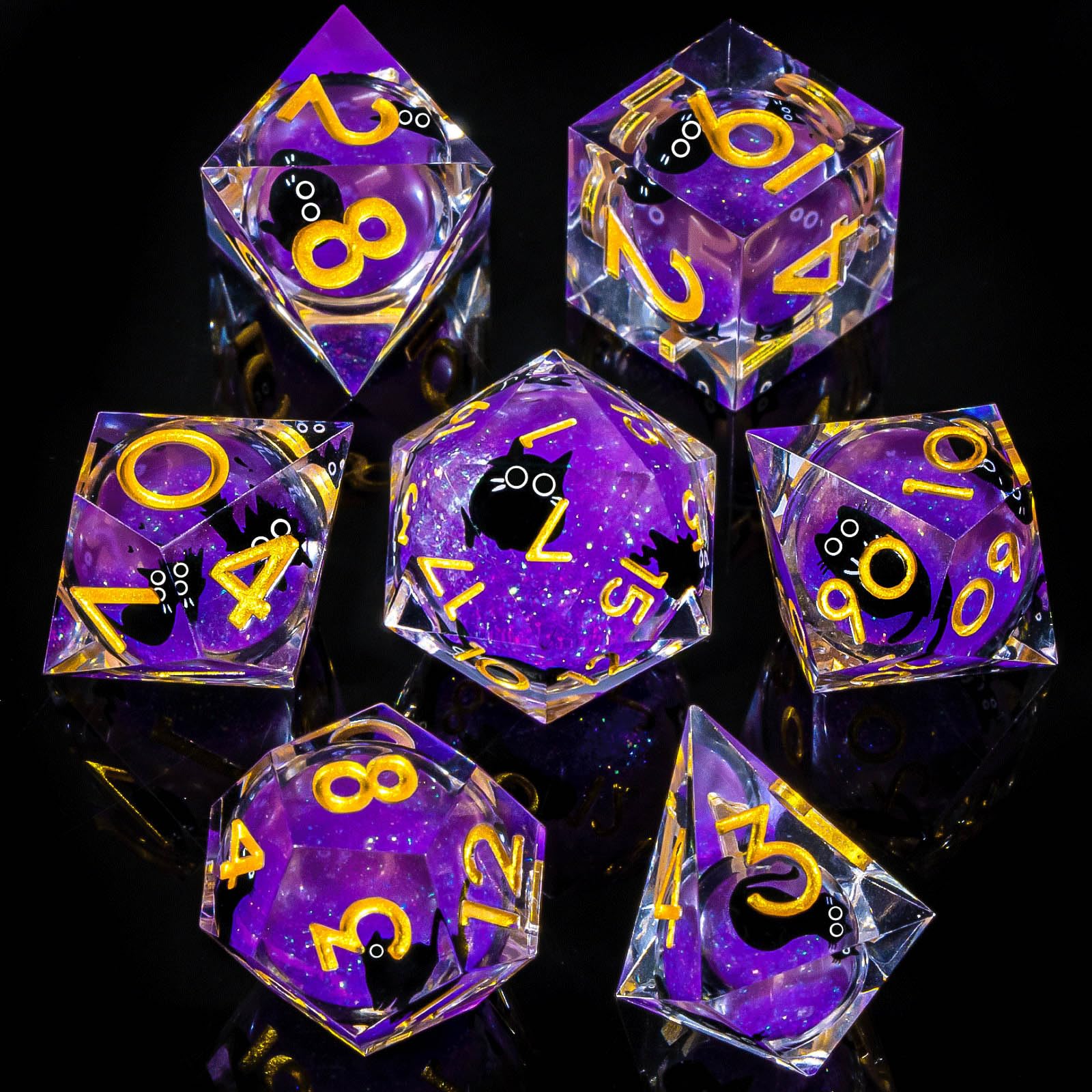 Roycevon D10 dice with liquid core in purple, smooth rolls and eye-catching swirls