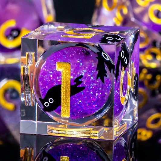 Roycevon D12 cat dice in purple with high-contrast engravings for quick readings