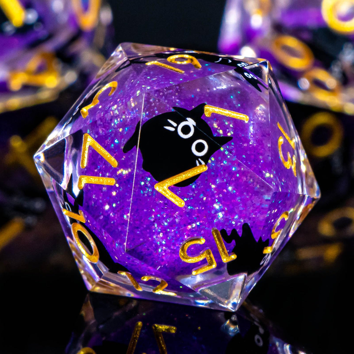 Roycevon cat liquid-core D20 dice in purple, balanced and easy to read for tense sessions