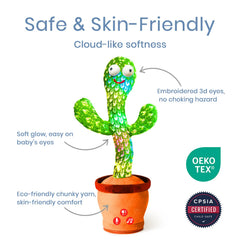 ROYPOUTA rechargeable dancing cactus toy side view; cuddly companion for imaginative play.