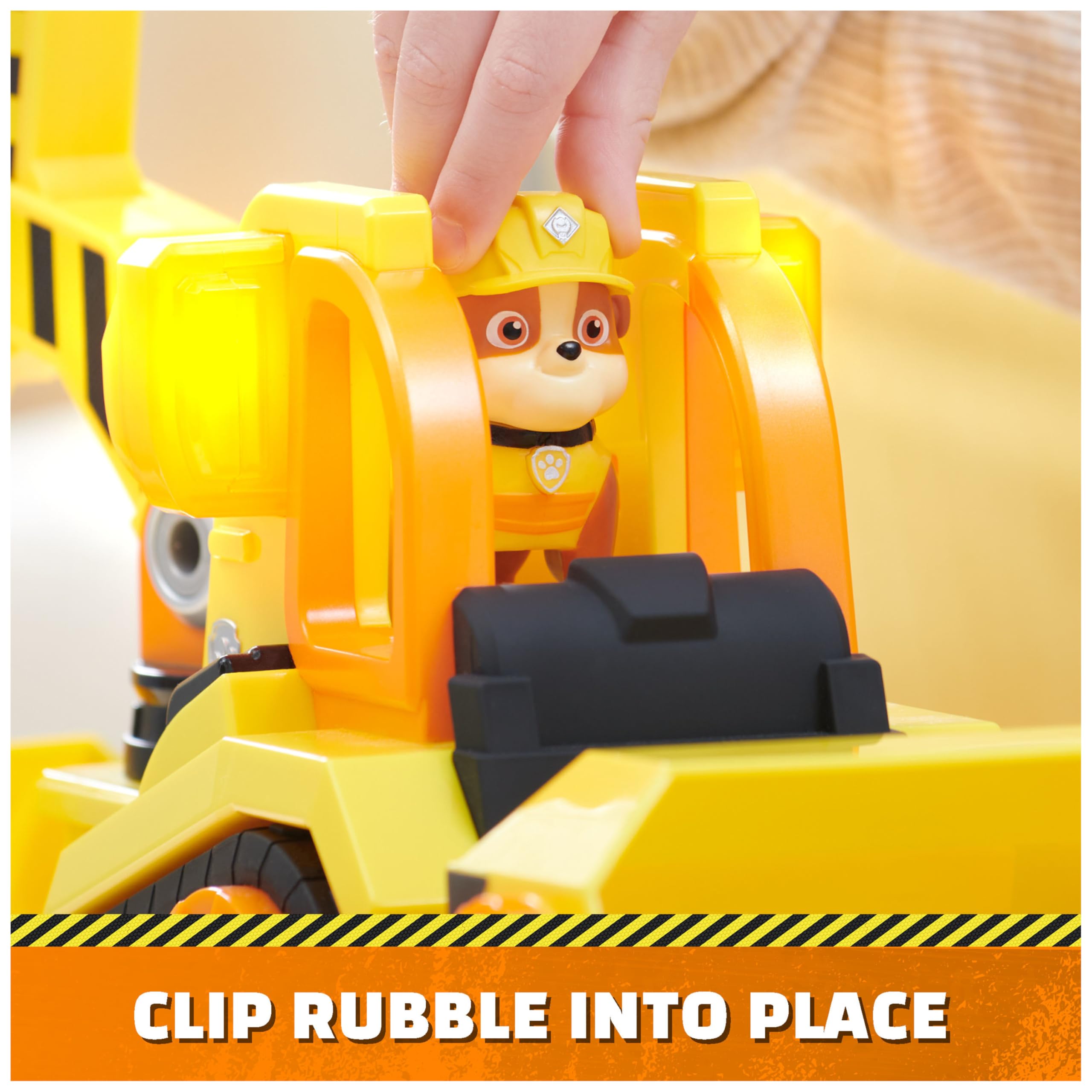 Rubble & Crew Bark Yard Deluxe Bulldozer lights add dramatic playtime.