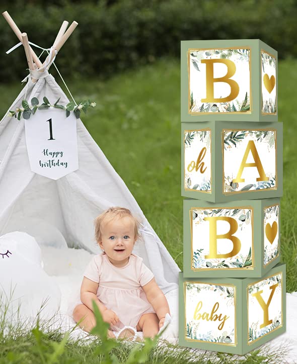 RUBFAC sage green boxes with balloons inside create a festive display.