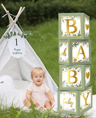RUBFAC sage green boxes with balloons inside create a festive display.