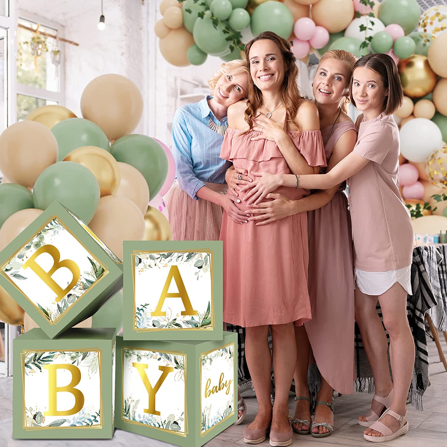 RUBFAC sage green boxes serve as a charming party focal point.