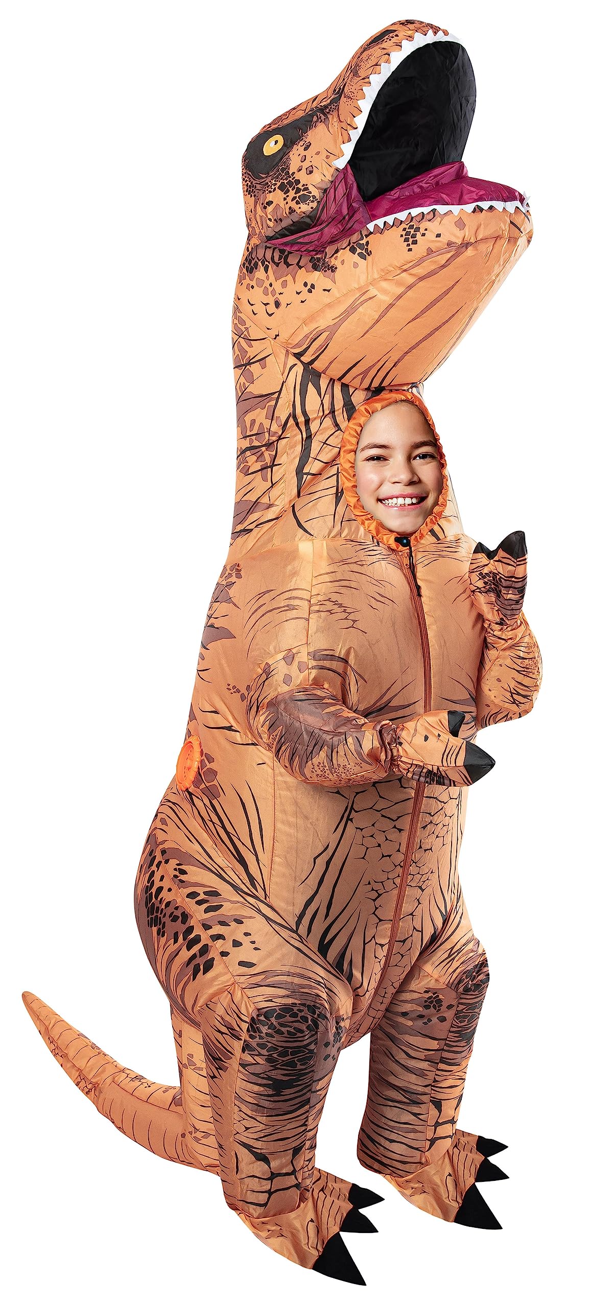 Rubies Original T-Rex inflatable costume worn by child for Halloween fun.