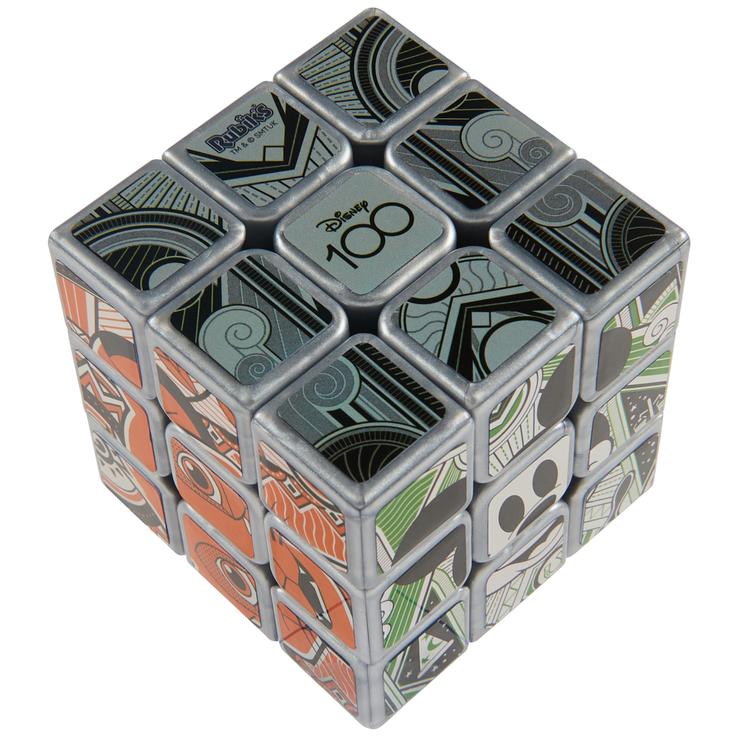Rubik’s Disney100 Platinum Cube platinum finish, a striking collectible puzzle for display.