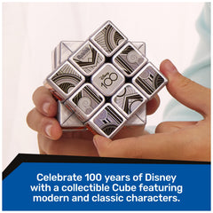 Rubik’s Disney100 Platinum Cube tiles closeup, showcases metallic finish and character imagery.
