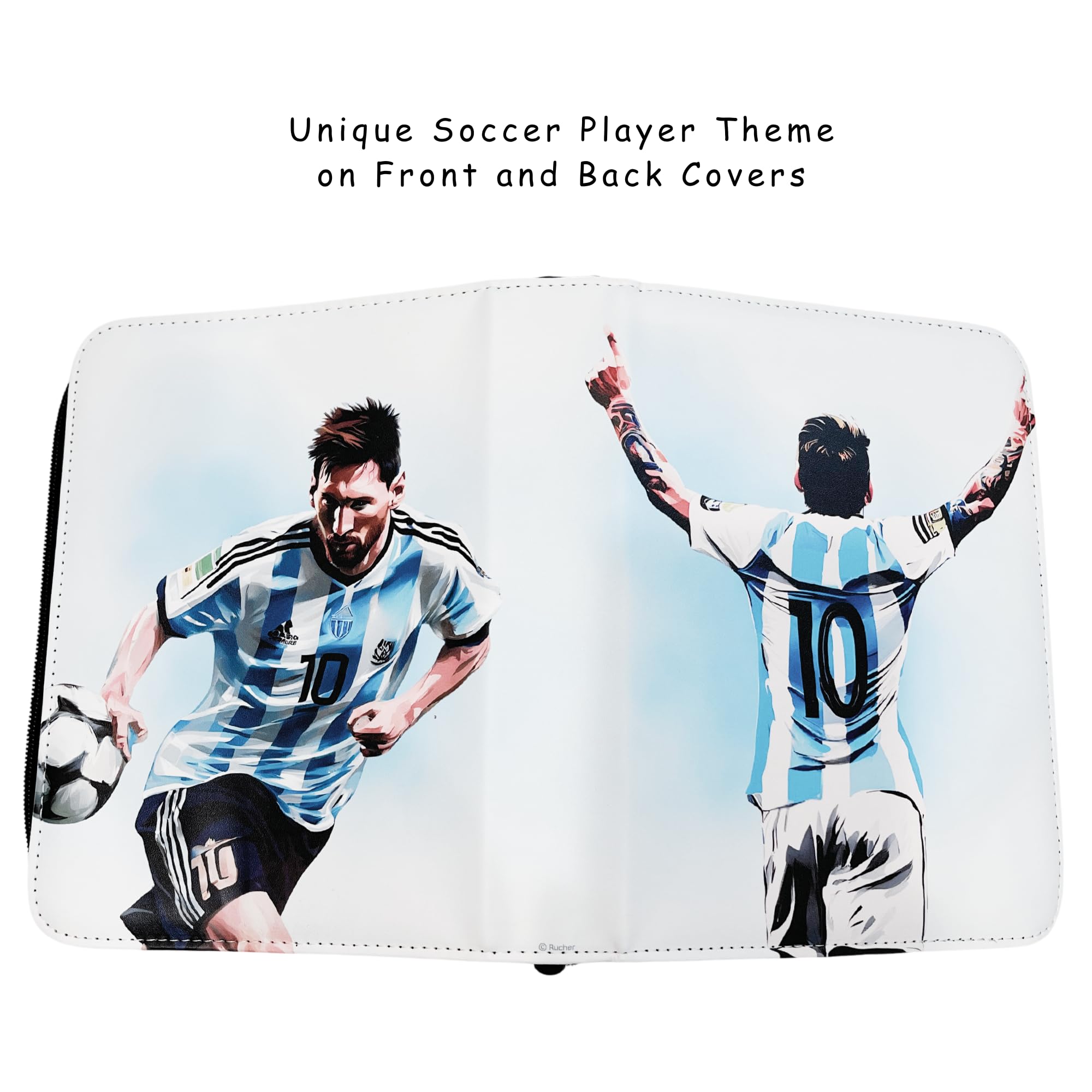 Rucher three-ring binder with zipper closure secures your collection.