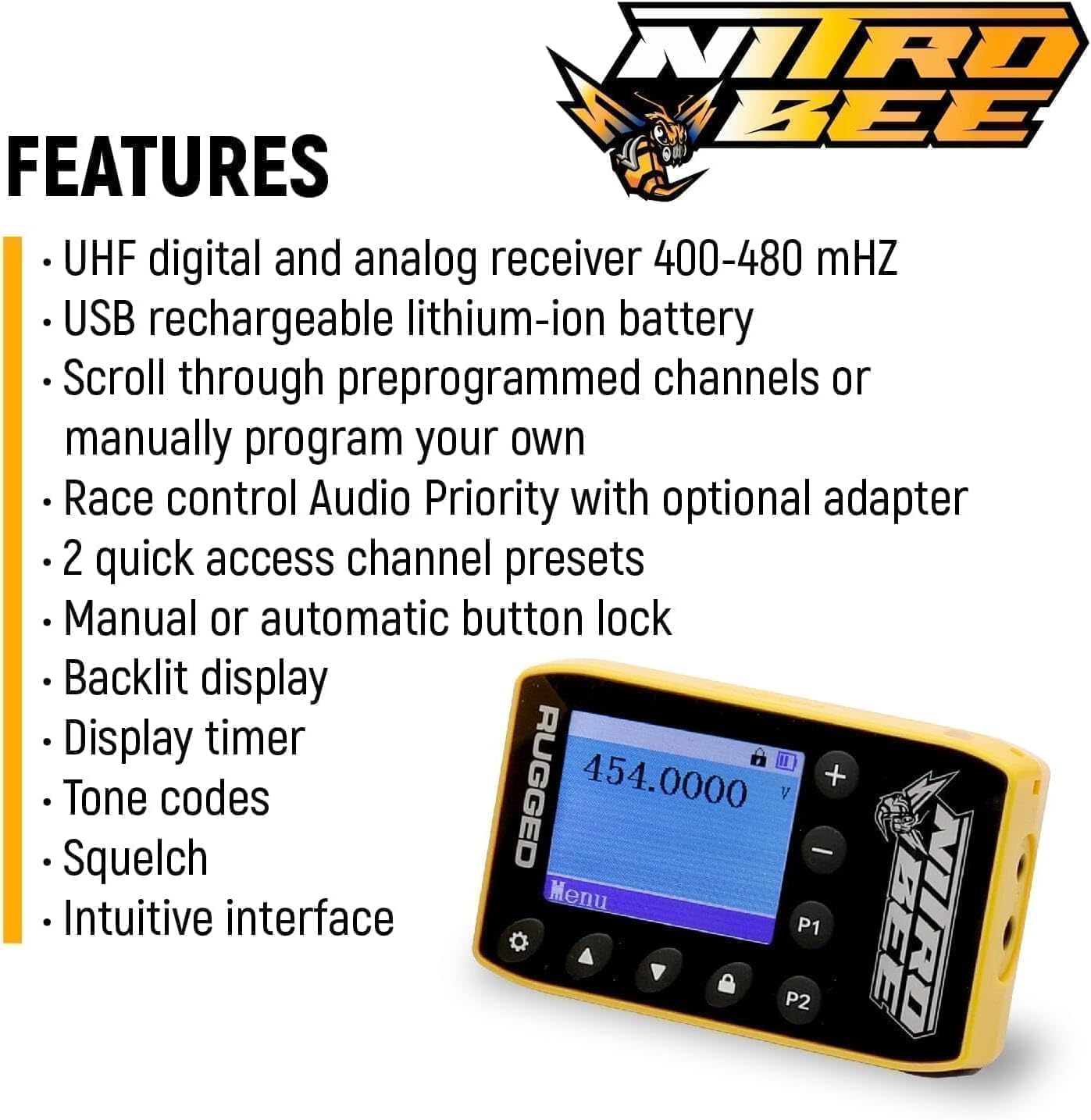Rugged Radios Nitro Bee close-up of backlit display with legible readings.