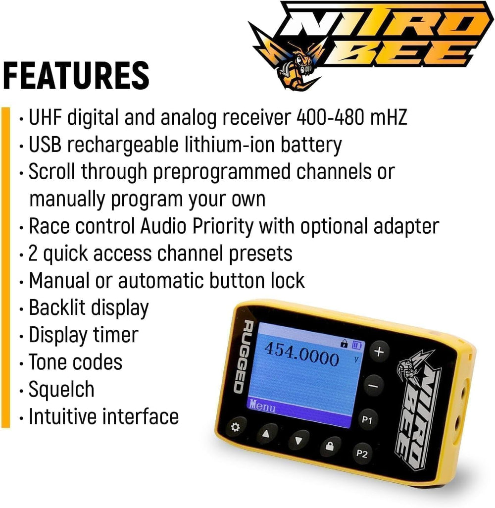 Rugged Radios Nitro Bee close-up of backlit display with legible readings.