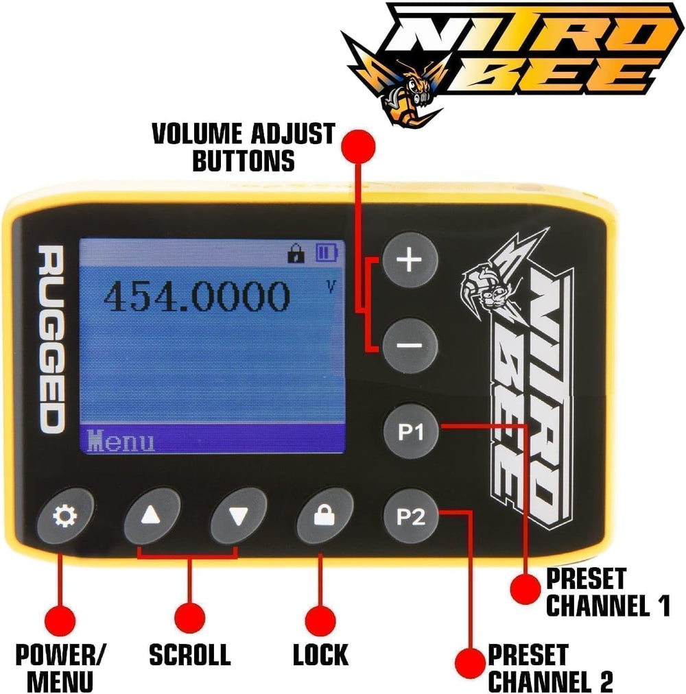 Rugged Radios Nitro Bee stereo earbuds included for clear amplified audio.