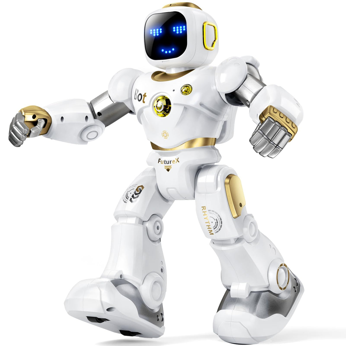 Ruko 1088 gold robot in a dramatic hero pose ready for kids' STEM exploration.