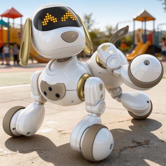 Ruko 18011 robot dog walks in living room for interactive play.