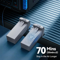 Ruko F11PRO 2 battery pack image highlighting up to 70 minutes total flight.