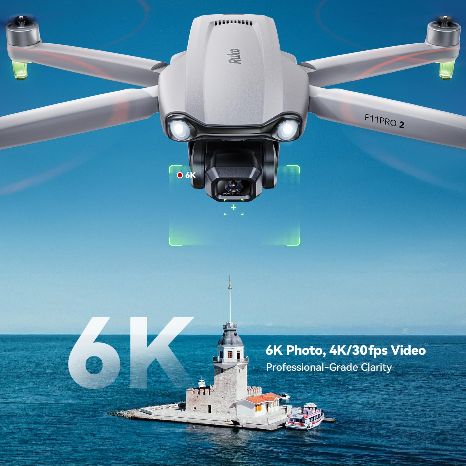Ruko F11PRO 2 drone mid-flight over city for stable 6K footage.