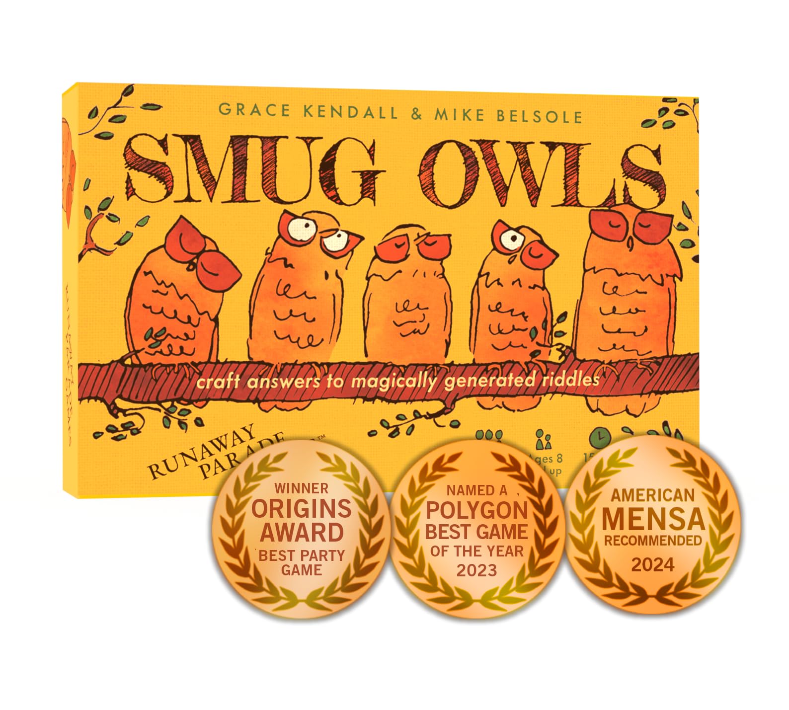 Runaway Parade Smug Owls card game cover with retro owl art for family fun.