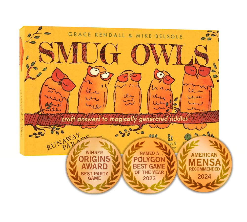 Runaway Parade Smug Owls card game cover with retro owl art for family fun.