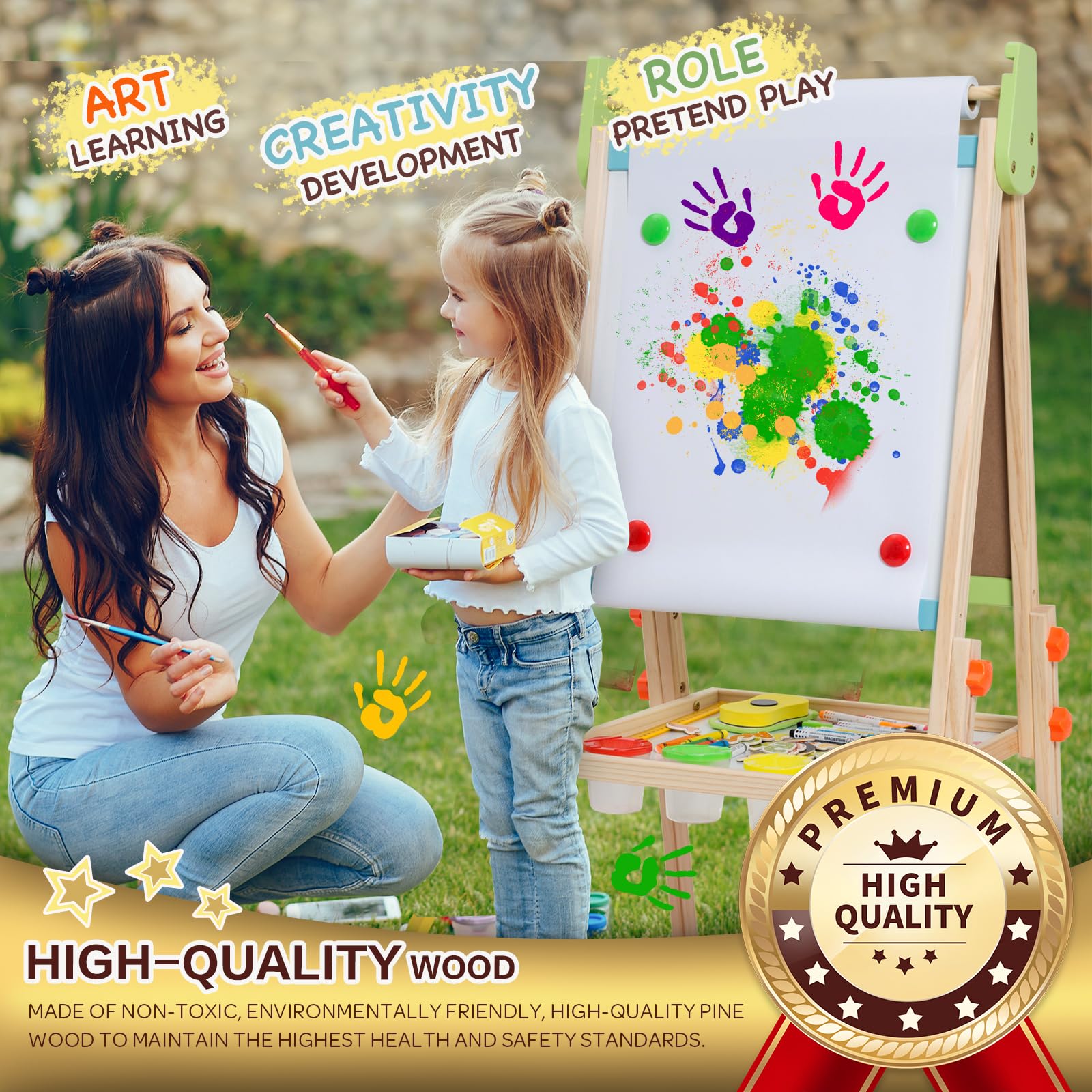 Rundad Kids Easel in use with colorful paints and brushes