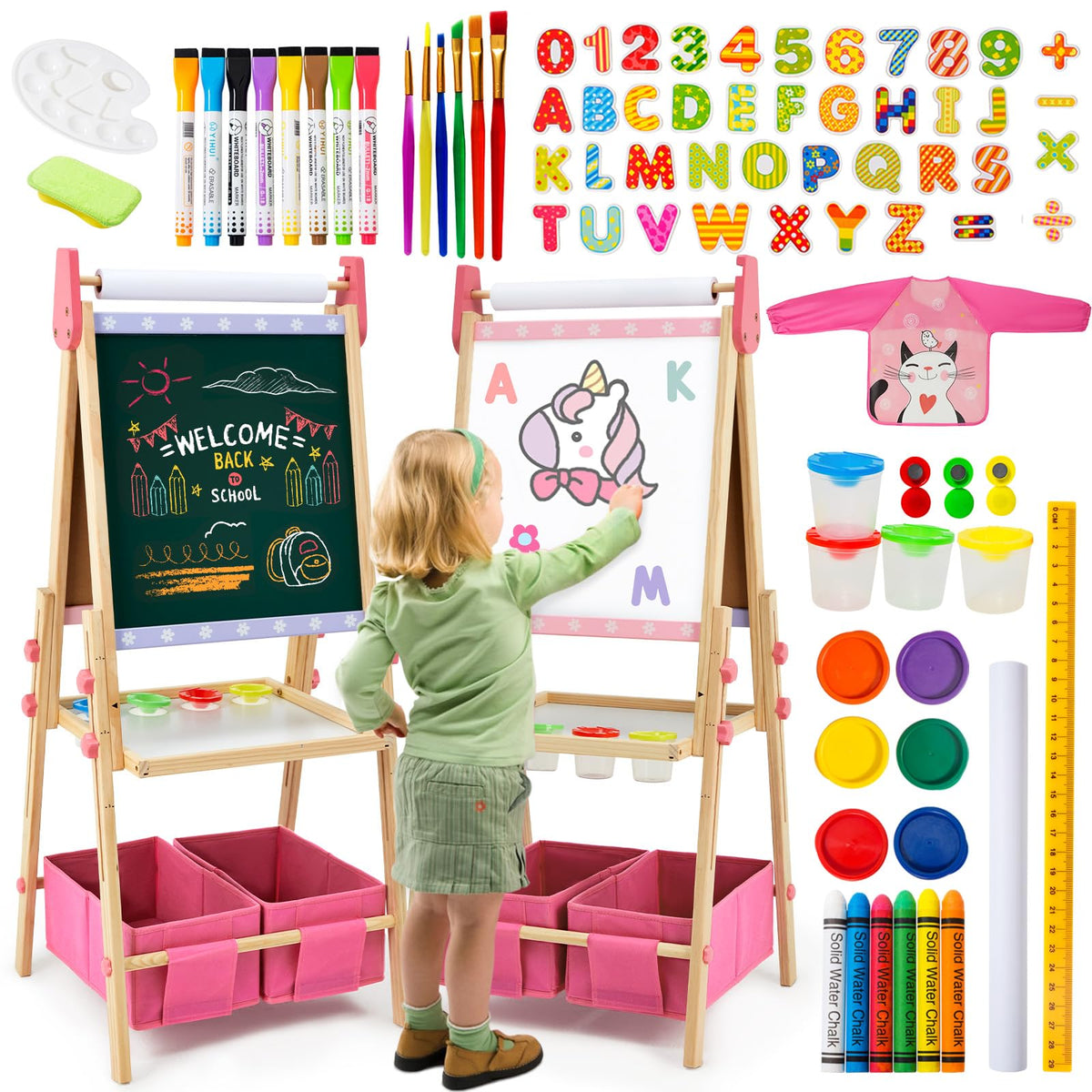 Rundad dual-sided pink easel with whiteboard and chalkboard for versatile kid creativity