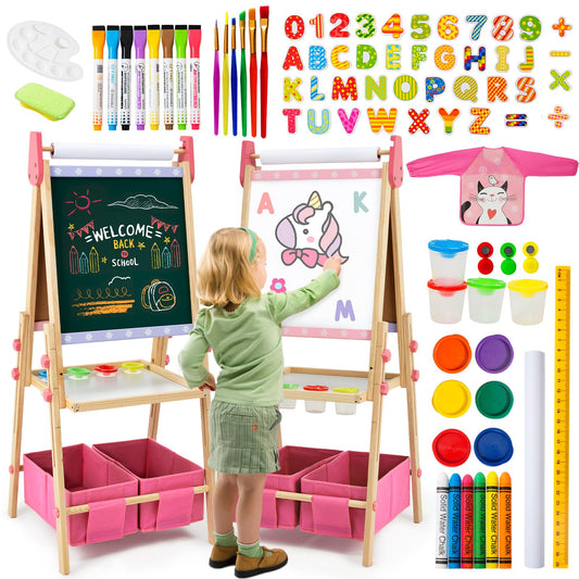 Rundad dual-sided pink easel with whiteboard and chalkboard for versatile kid creativity
