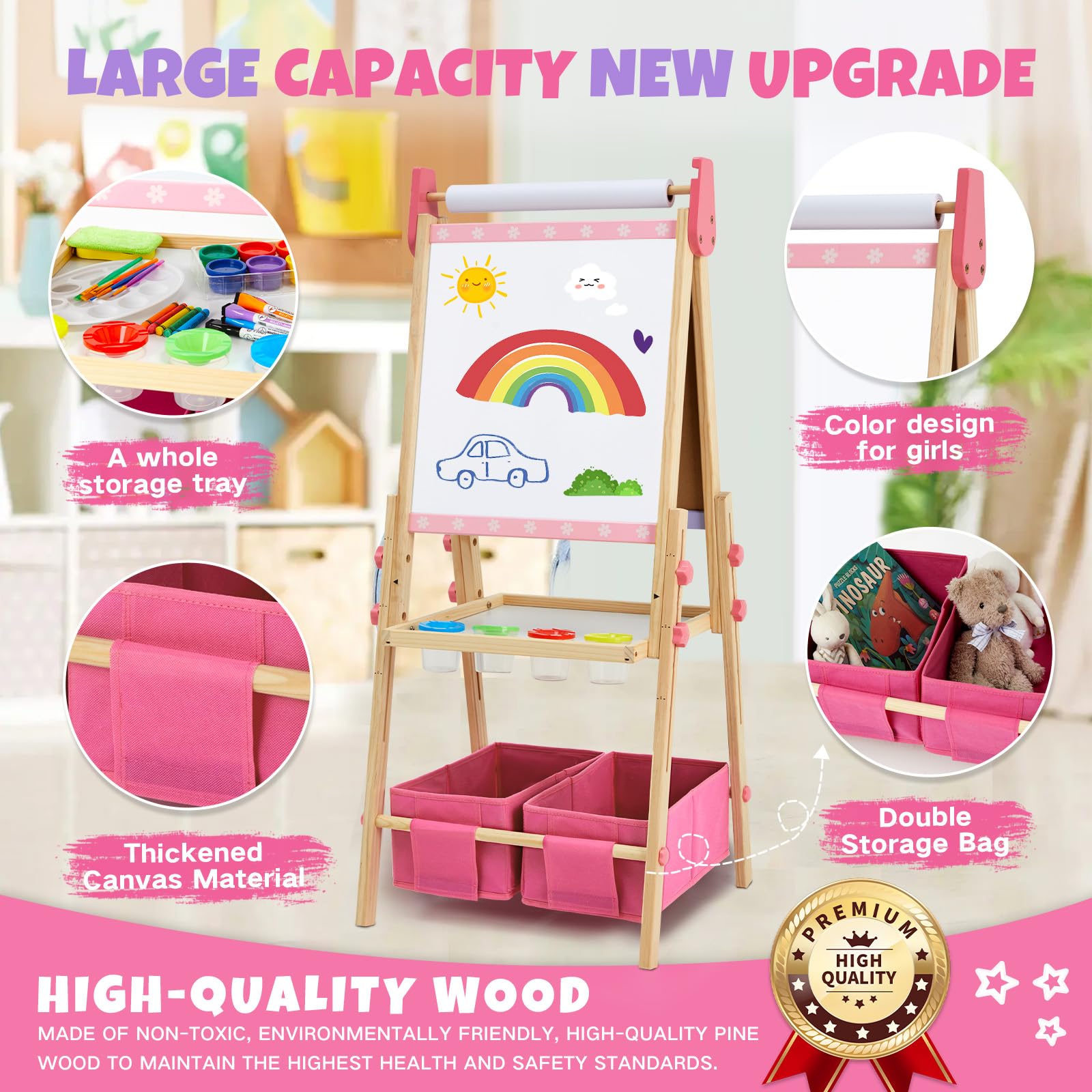Rundad pink wooden easel blends charming design with sturdy construction