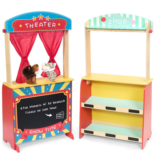 Rundad puppet theater front view with chalkboard for scripts