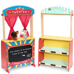 Rundad puppet theater front view with chalkboard for scripts