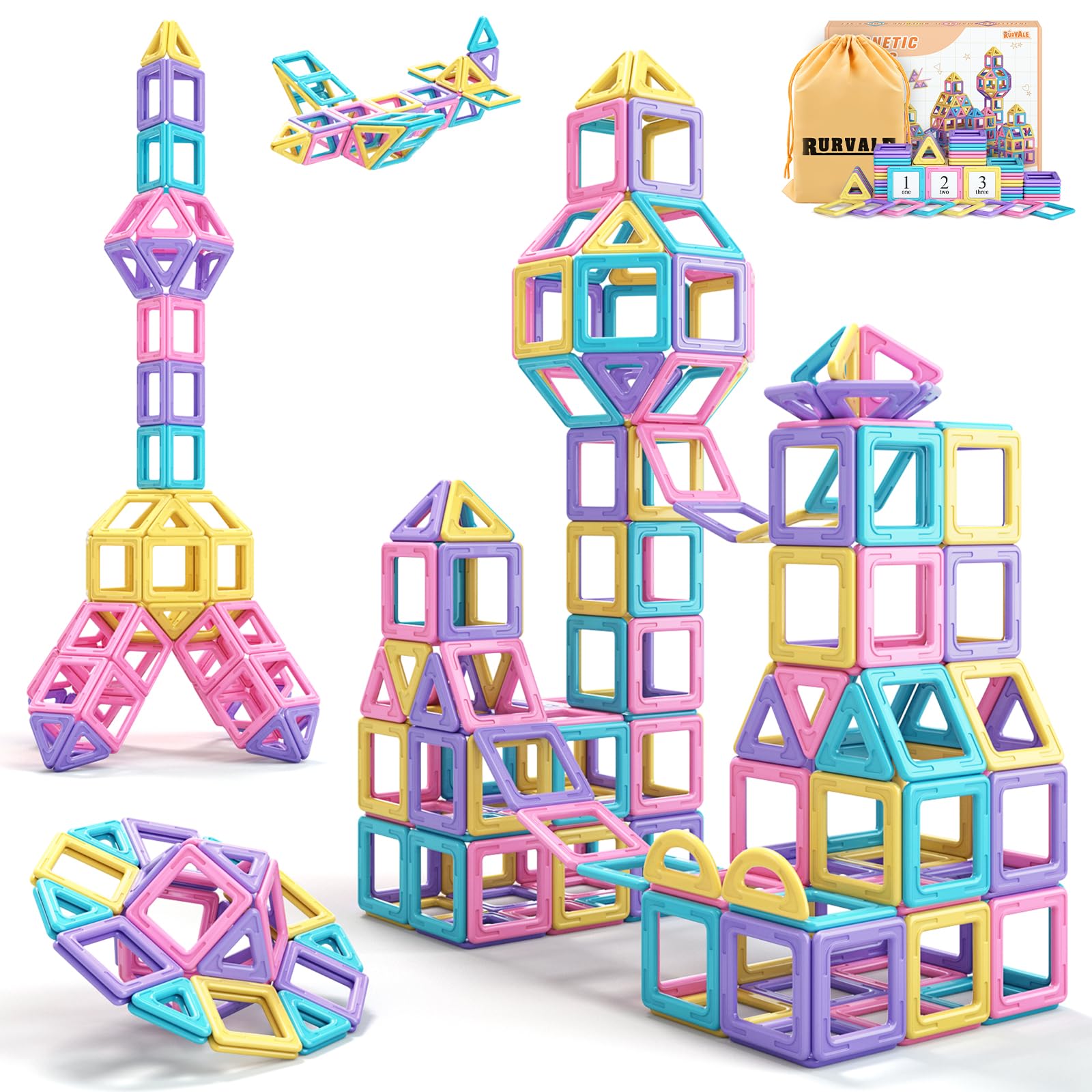 Rurvale Toddler Magnetic Tiles 44pcs set for creative building and color recognition.