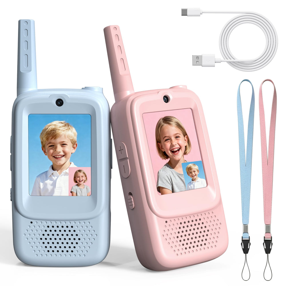 Rush Deer kids blue-pink video walkie talkies, front view, easy grip during play