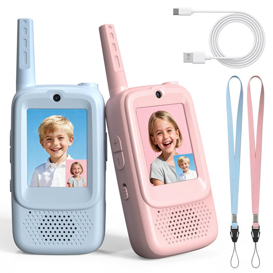 Rush Deer kids blue-pink video walkie talkies, front view, easy grip during play