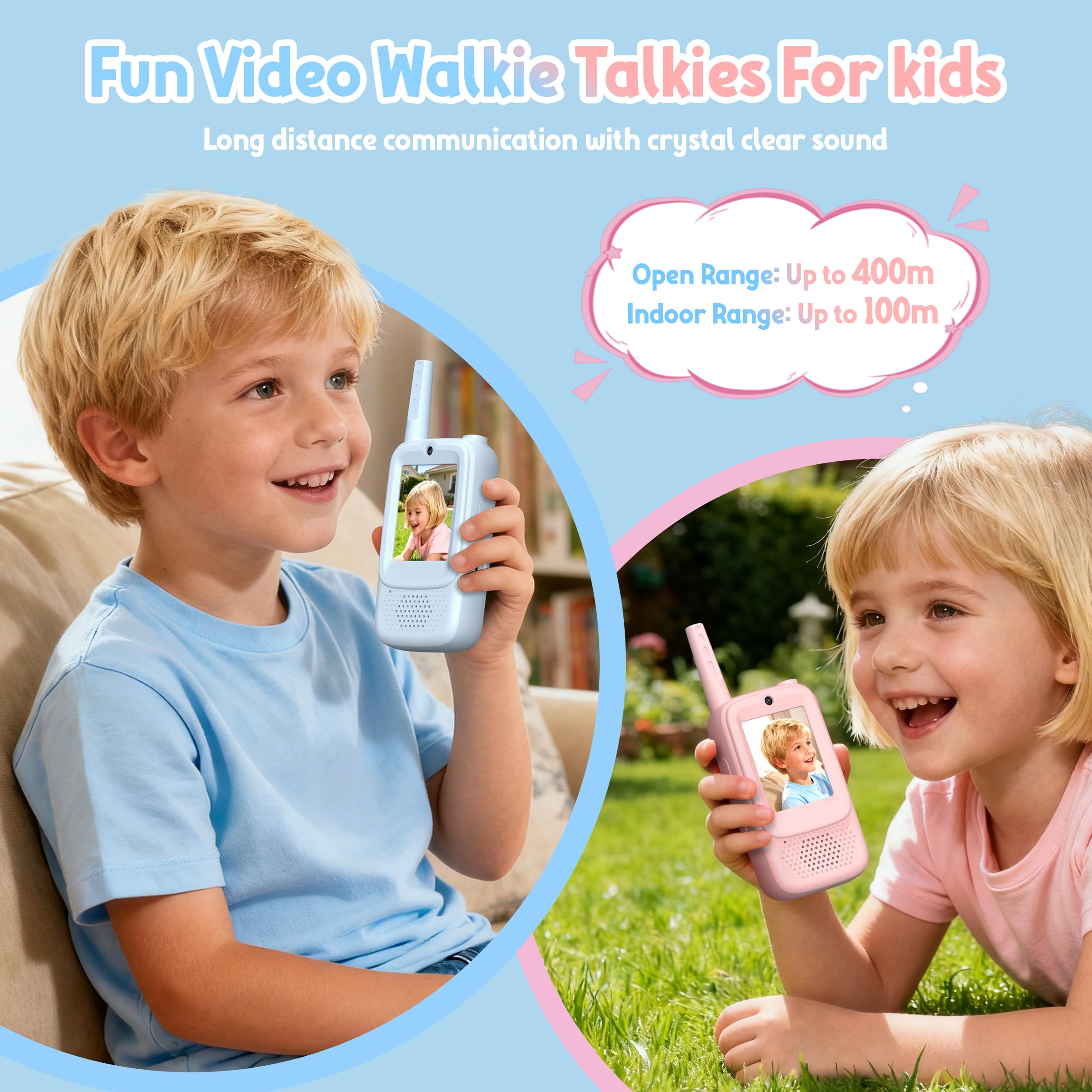 Rush Deer kids blue-pink video walkie talkies, side view, stylish outdoor-ready design